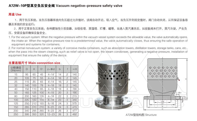 A72W-10P Vacuum Negative Pressure Safety Valve